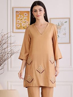 First Resort by Ramola Bachchan - Sepia Applique Embroidered Kurta