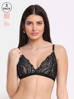 AOBA - Black & Pink Set of 3 Floral Bralette Bra