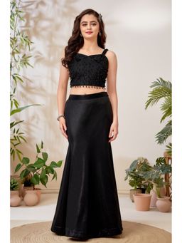 Lagorii - Black Beaded Crop Top With Flared Skirt
