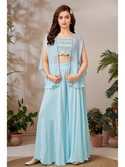 Lagorii - Blue Embroidered Crop Top with Palazzo & Cape