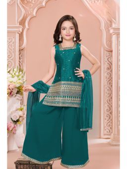 Lagorii - Green Embroidered Top with Palazzo & Dupatta
