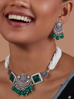 Azai by Nykaa Fashion - Oxidised Green and Silver Kundan Necklace and Earrings Jewellery Set of 2