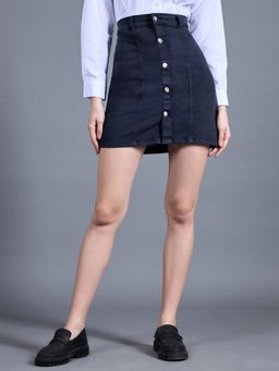 Miss Chase - Womens Navy Blue Stretchable Solid A-Line Denim Mini Skirt