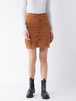 Miss Chase - Womens Rust Cotton Slim Fit Relaxed High Rise Denim Mini Skirt