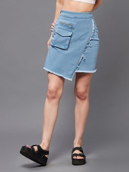 Miss Chase - Womens Light Blue Regular High Rise Clean Look Stretchable Denim Mini Skirt