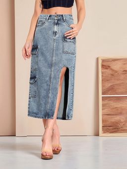 Miss Chase - Womens Blue Straight-Fit High-Rise Non-Stretchable Denim Midi Skirt