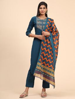Vbuyz - Embroidered Straight Chinon Blue Stitched Kurta Pant With Dupatta(1939) (Set of 3)