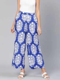 Oxolloxo - Booming Blue Tropical Print Elasticated Women Pant