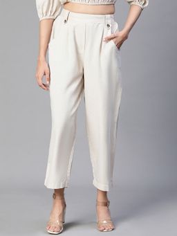 Oxolloxo - Women Solid Beige Elasticated and Buttoned Cotton Pant
