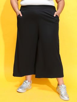 Oxolloxo - Women Plus Size Black Color Solid Elasticated With Side Pockets Culottes Pant
