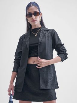 TOKYO TALKIES - Women Black Lapel Collar Top with Skirt and Blazer