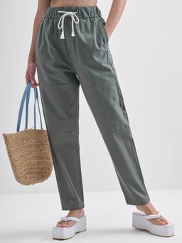 TOKYO TALKIES - Women Grey Straight Fit Button Side Welt Pocket Pant