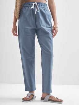 TOKYO TALKIES - Women Blue Straight Fit Button Side Welt Pocket Pant