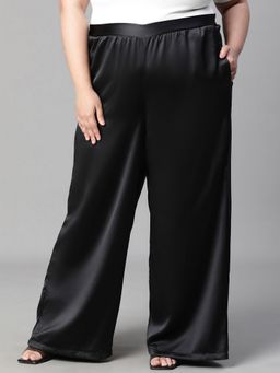 Oxolloxo - Women Plus Size Black Elasticated Flare Satin Pant