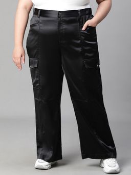 Oxolloxo - Women Plus Size Black Elasticated Cargo Style Satin Pant
