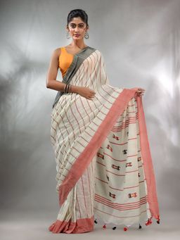 CHARUKRITI - Off White Cotton Handspun Handwoven Saree with Stripe Design & Unstitched Blouse