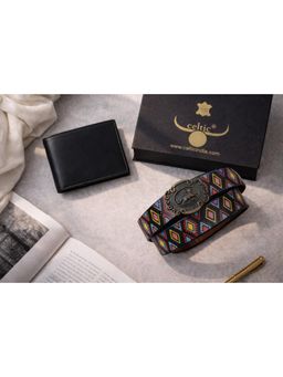 Celtic - Vintage Style Multicolor Printed Belt Classic Black Leather Wallet Gift Set