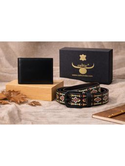 Celtic - Black Printed Belt with Matte Buckle Leather Wallet Gift Set