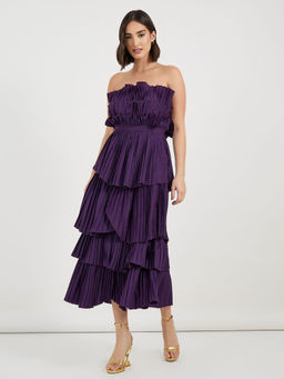 Styli - Women Solid Pleated Flared Midi Dress