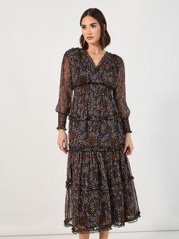 Styli - Women V-Neck Smocking Tiered Midi Dress