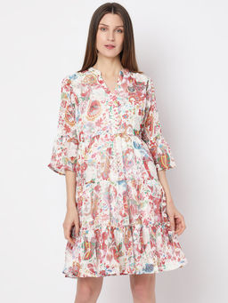 VERO MODA - White Printed Tunic Knee Length Dress