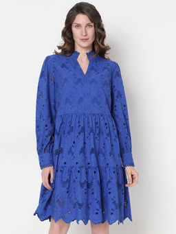 VERO MODA - Blue Schiffli Cotton Knee Length Dress