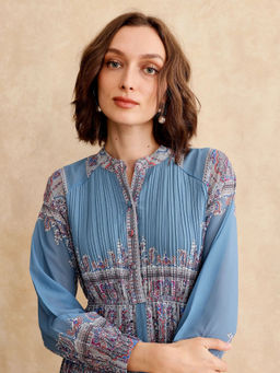RAREISM - Bandene Dusky Blue Print A-Line Knee Length Dress