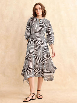 RAREISM - Dilob Black Printed Flared Midi Dress