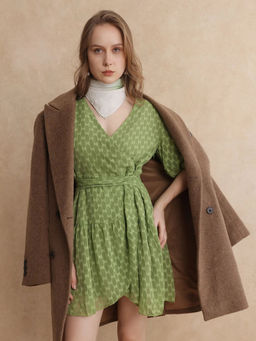 RAREISM - Namika Light Green Self Design Flare Mini Dress