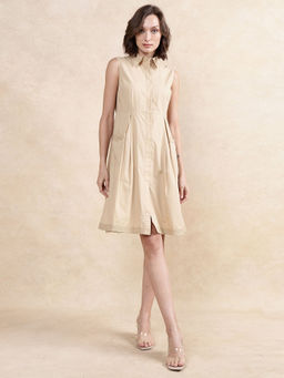 RAREISM - Qba Beige Solid A-Line Knee Length Dress