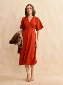 RAREISM - Rivez Rust Solid Flared Midi Dress