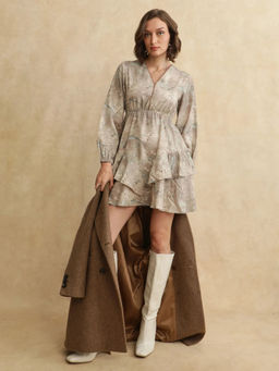 RAREISM - Wesdure Grey Print Fit and Flare Mini Dress