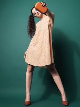 PURVAJA - Printed Beige A-Line Knee Length Dress