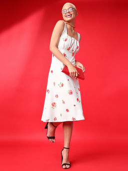 PURVAJA - Printed Off White Ruched Midi Dress