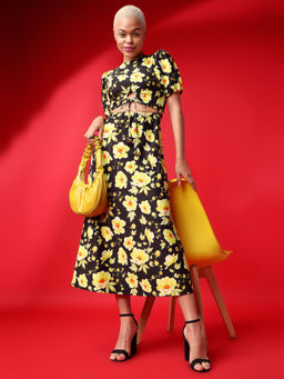 PURVAJA - Printed Black Fit and Flare Midi Dress