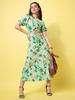 PURVAJA - Printed Green Fit and Flare Maxi Dress