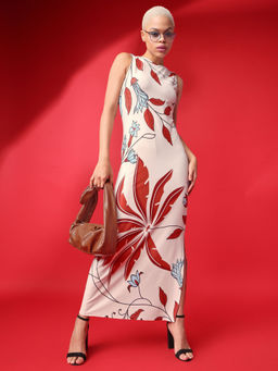 PURVAJA - Floral Printed Beige Bodycon Dress