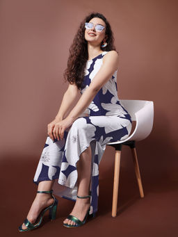 PURVAJA - Floral Printed Navy Blue Bodycon Dress