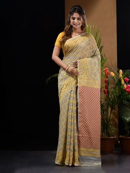 CHARUKRITI - Light Grey Handwoven Saree with Woven Patterns & Zari Pallu