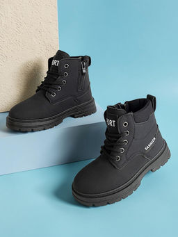 Truffle Collection - Black Synthetic Leather Winter Lace-Up Ankle Boots