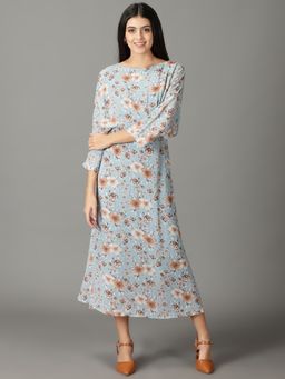 SHOWOFF - Womens Printed Boat Neck Blue Midi Dress