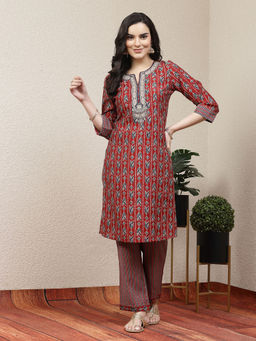 Nayam by lakshita - Red Stylish Printed Embroidered Kurta with Pant (Set of 2)