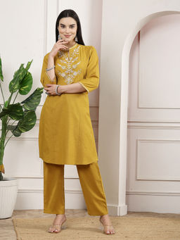 Nayam by lakshita - Women Mustard Embroidered Kurta with Pant (Set of 2)