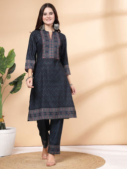 Nayam by lakshita - Women Navy Blue Printed A-Line Kurta with Pant (Set of 2)
