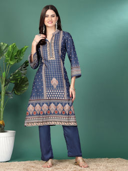 Nayam by lakshita - Navy Blue Printed A-Line Kurta with Pant (Set of 2)