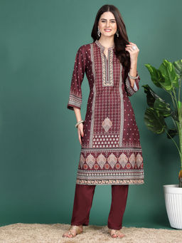 Nayam by lakshita - Maroon Printed A-Line Kurta with Pant (Set of 2)