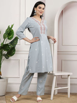 Nayam by lakshita - Light Blue Printed Embroidered A-Line Kurta with Pant (Set of 2)