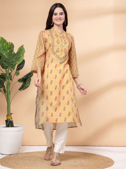Nayam by lakshita - Mustard Floral Printed A-Line Kurta with Pant (Set of 2)