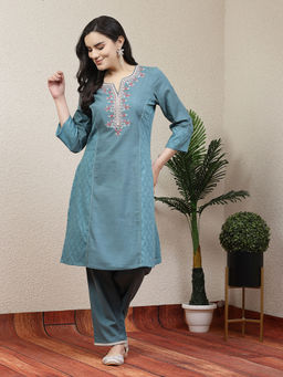 Nayam by lakshita - Women Teal Embroidered Kurta with Pant (Set of 2)