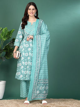 Nayam by lakshita - Green Floral Printed A-Line Kurta with Pant and Dupatta (Set of 3)
